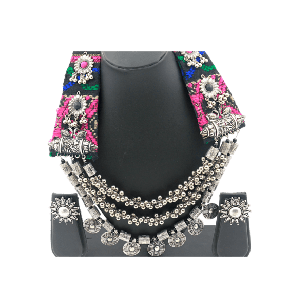 Oxidized Flower Design Coin Necklace Set