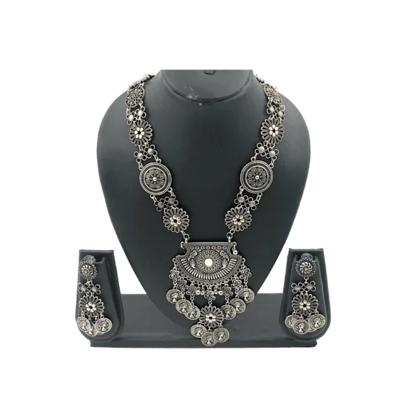 Oxidized Fan Shaped with Coin Latkan Necklace Set