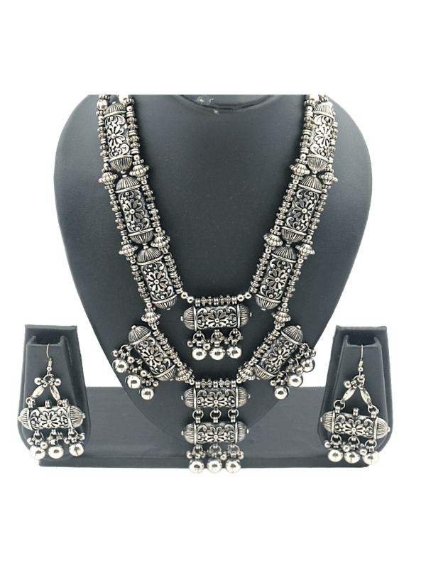 Oxidized Double Layered Cylinder Shaped Necklace Set